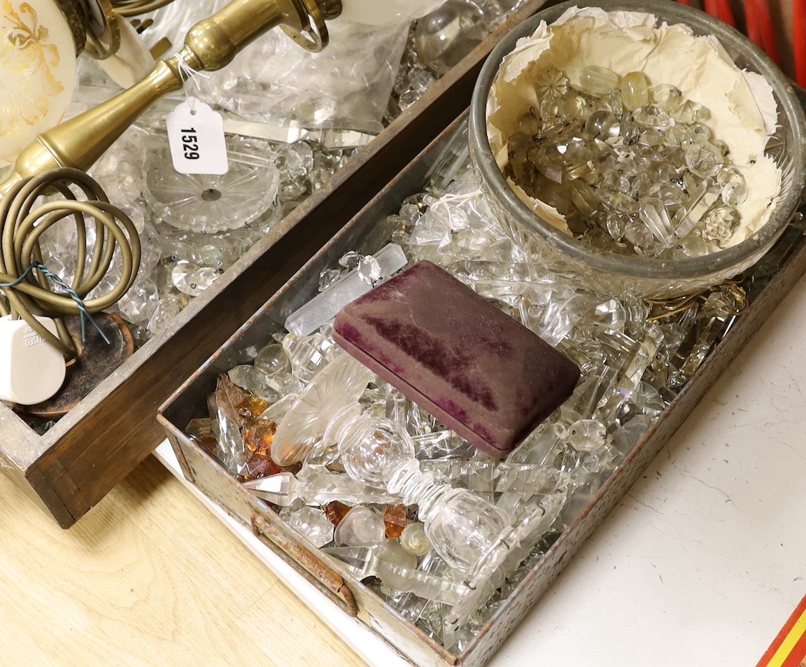 A quantity of various glass lustre drops, a pair of lamps etc.